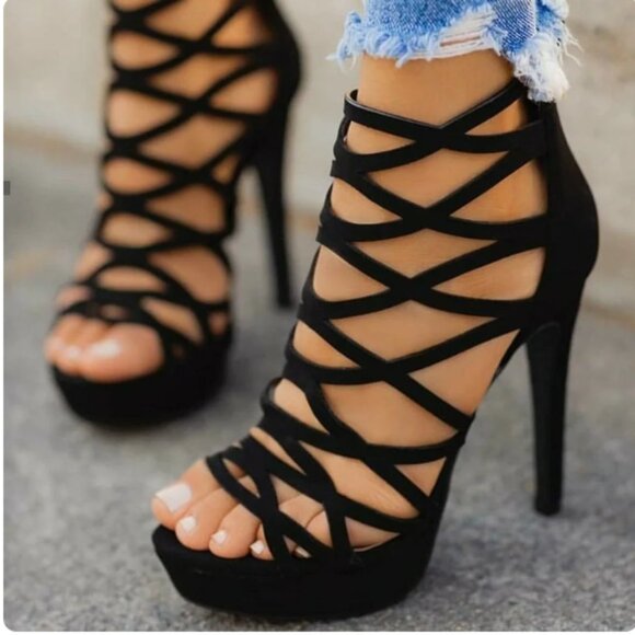 Black Hollow Out Strappy High Heeled Gladiator Sandals with Platform - Picture 1 of 8